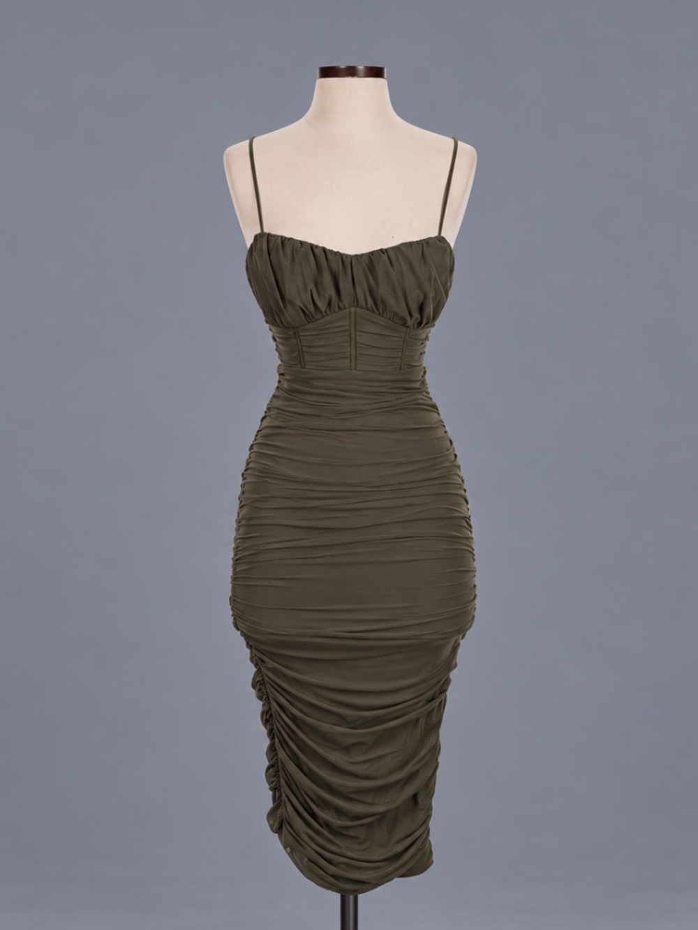 Hello Molly Dark Olive Ruched Midi Dress – Size 2 NWT